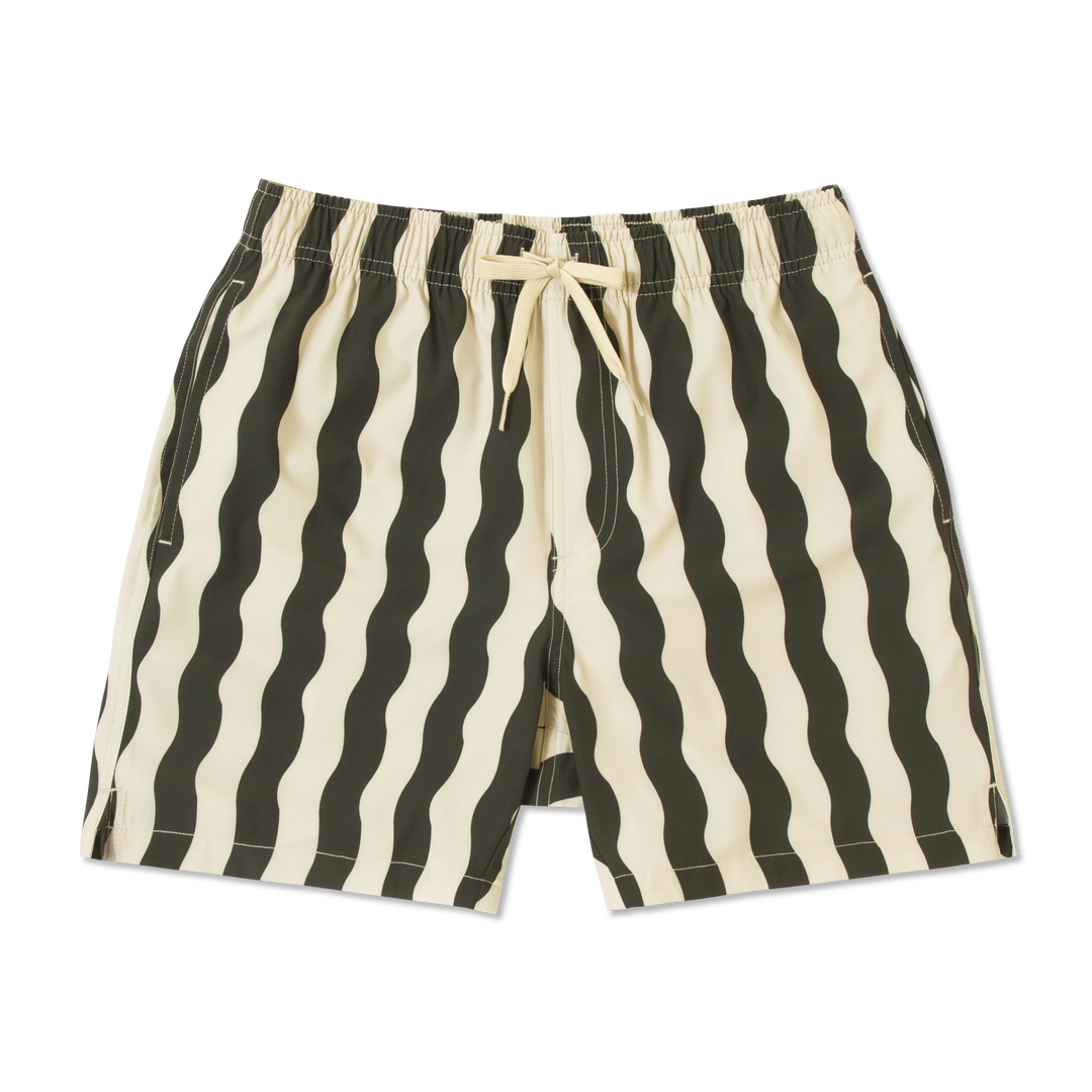 Stretch Swim Trunk (Clearance) in Orca Wavy Stripe laid flat, front view, 5.5" inseam, with an elastic waistband, drawstring, and two side seam pockets.