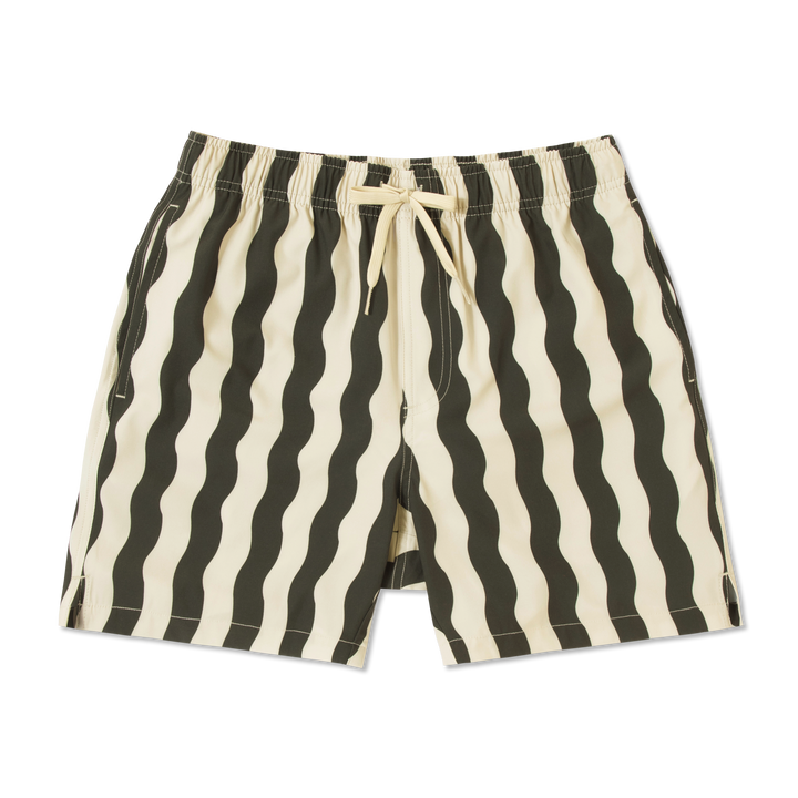 Stretch Swim Trunk (Clearance) in Orca Wavy Stripe laid flat, front view, 5.5" inseam, with an elastic waistband, drawstring, and two side seam pockets.