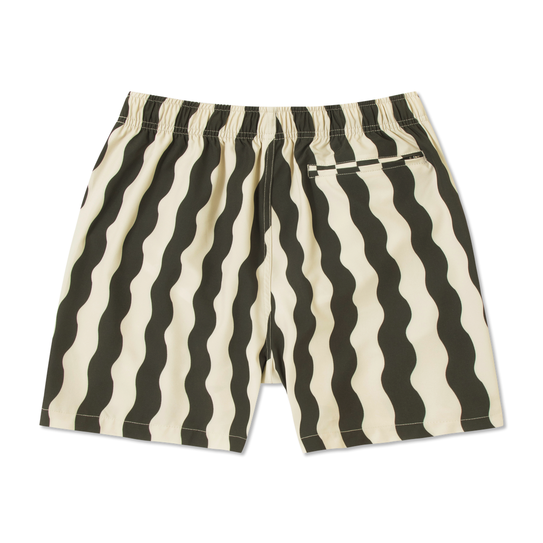 Stretch Swim Trunk (Clearance) in Orca Wavy Stripe laid flat, back view, 5.5" inseam, with an elastic waistband and a zippered back right pocket.