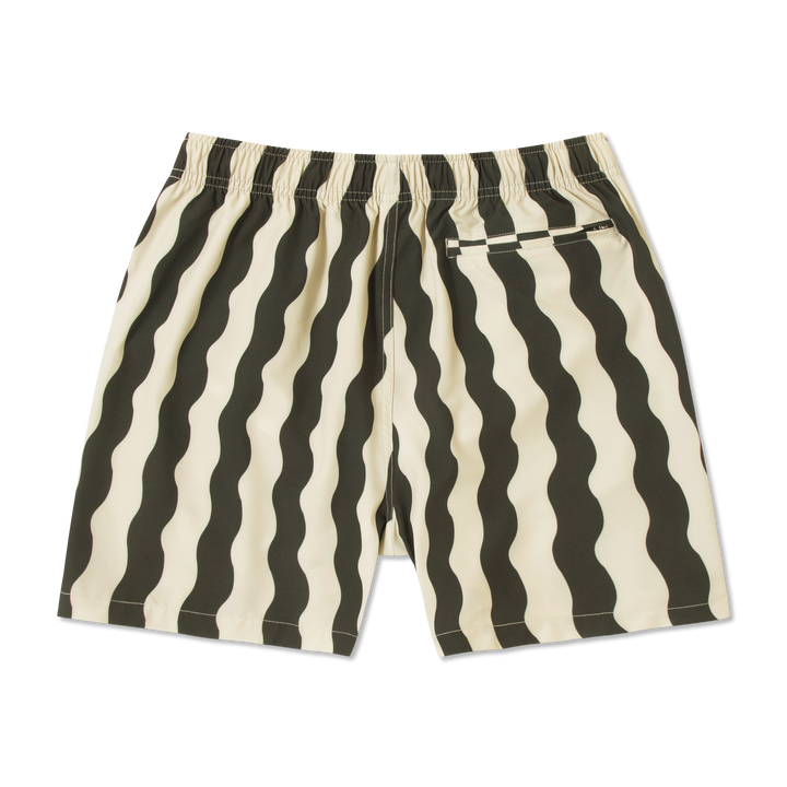 Stretch Swim Trunk (Clearance) in Orca Wavy Stripe laid flat, back view, 5.5" inseam, with an elastic waistband and a zippered back right pocket.