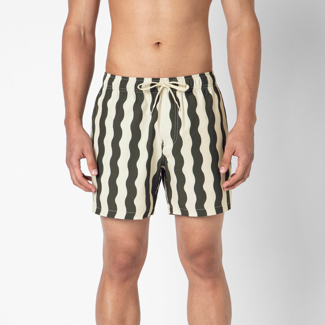 Stretch Swim Trunk (Clearance) in Orca Wavy Stripe, 5.5" inseam, shown front facing on a model against a plain white background.