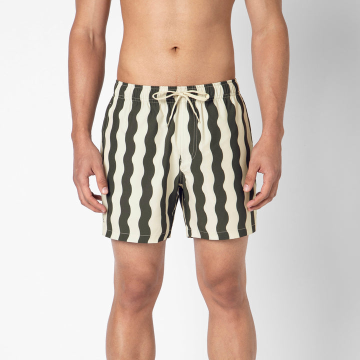 Stretch Swim Trunk (Clearance) in Orca Wavy Stripe, 5.5" inseam, shown front facing on a model against a plain white background.