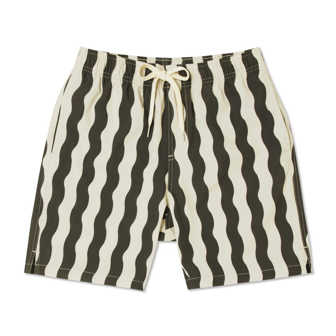 Stretch Swim Trunk (Clearance) in Orca Wavy Stripe laid flat, front view, 7" inseam, with an elastic waistband, drawstring, and two side seam pockets.