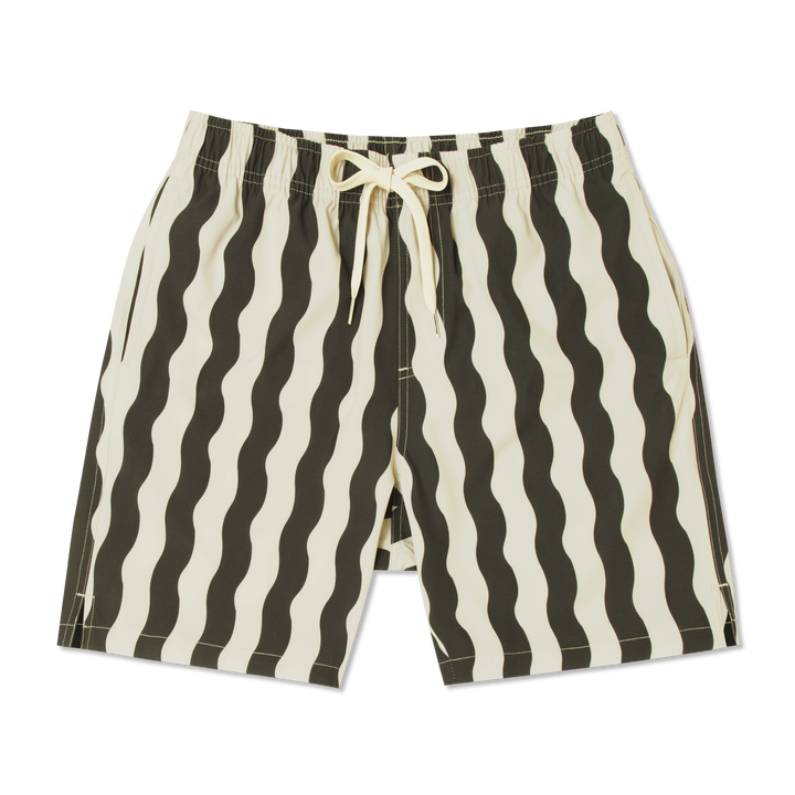 Stretch Swim Trunk (Clearance) in Orca Wavy Stripe laid flat, front view, 7" inseam, with an elastic waistband, drawstring, and two side seam pockets.
