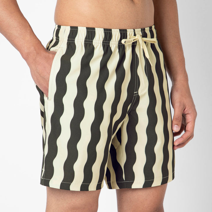 Close up details of the Stretch Swim Trunk (Clearance) in Orca Wavy Stripe, 7" inseam, on a model.