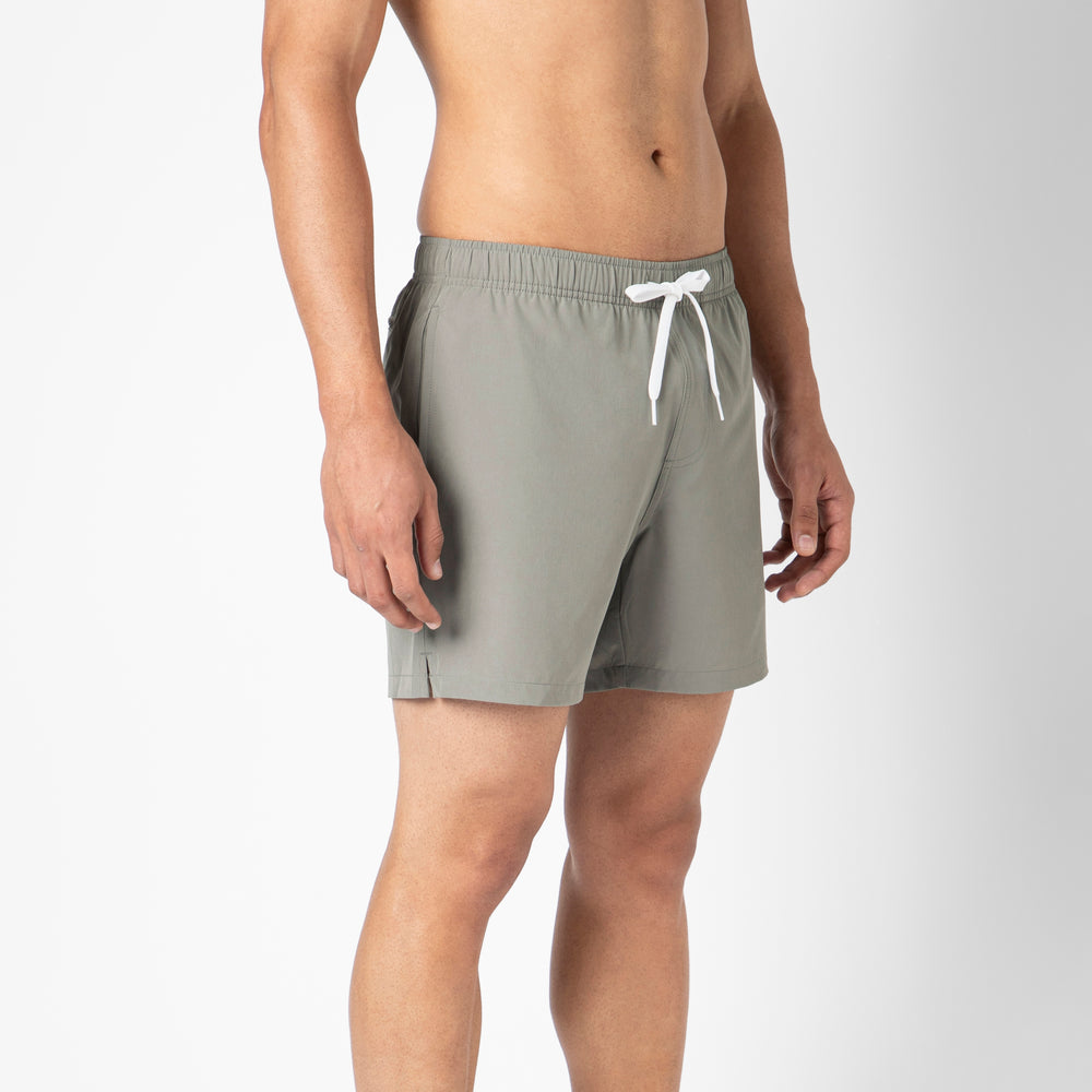 Stretch Swim Solid 5" Solid Grey side facing on model