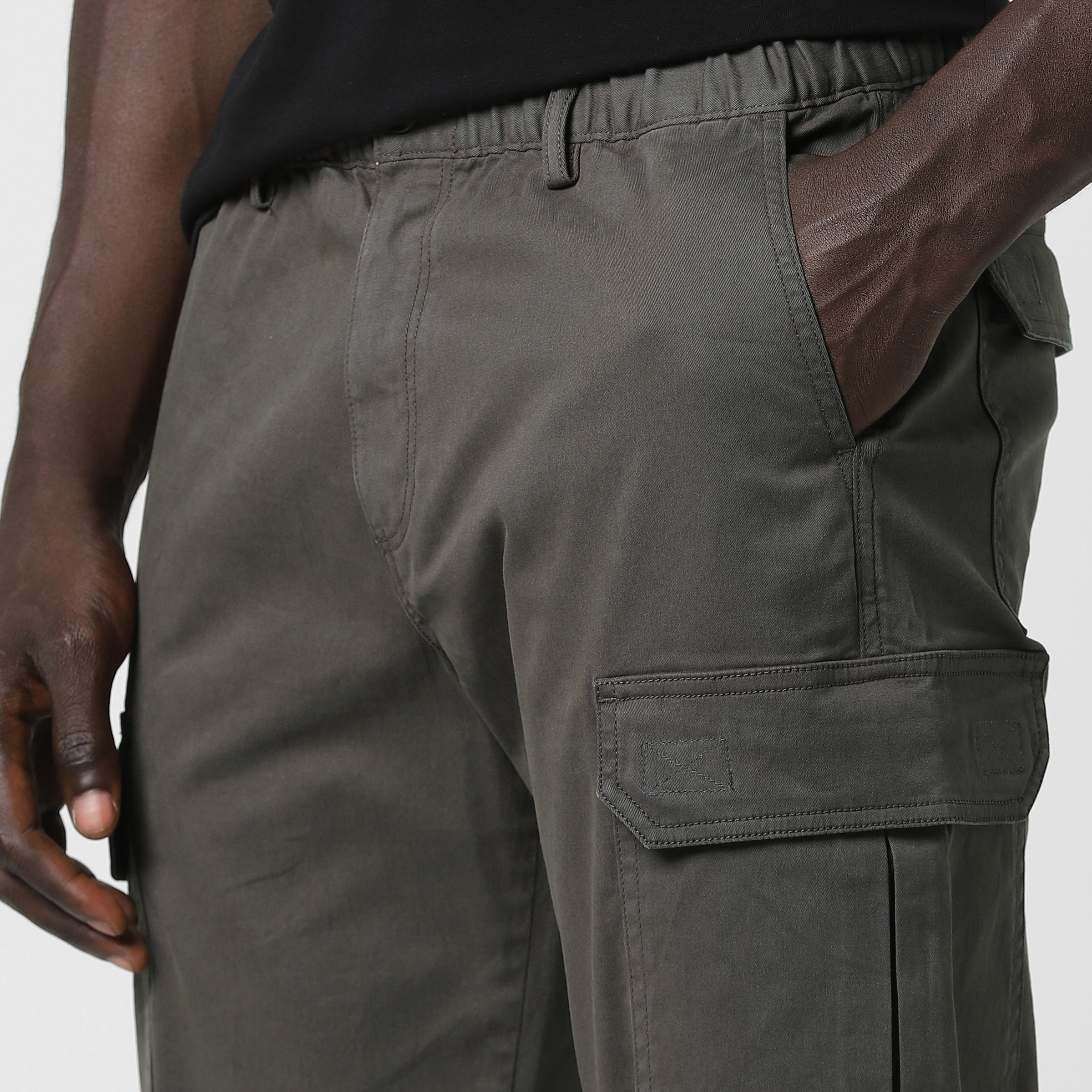 Stretch Cargo Pant Dark Grey close up left velcro pocket