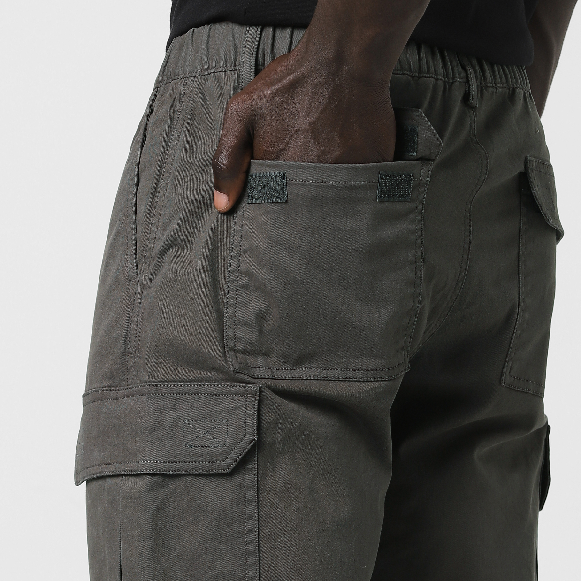 Stretch Cargo Pant Dark Grey close up back velcro pockets
