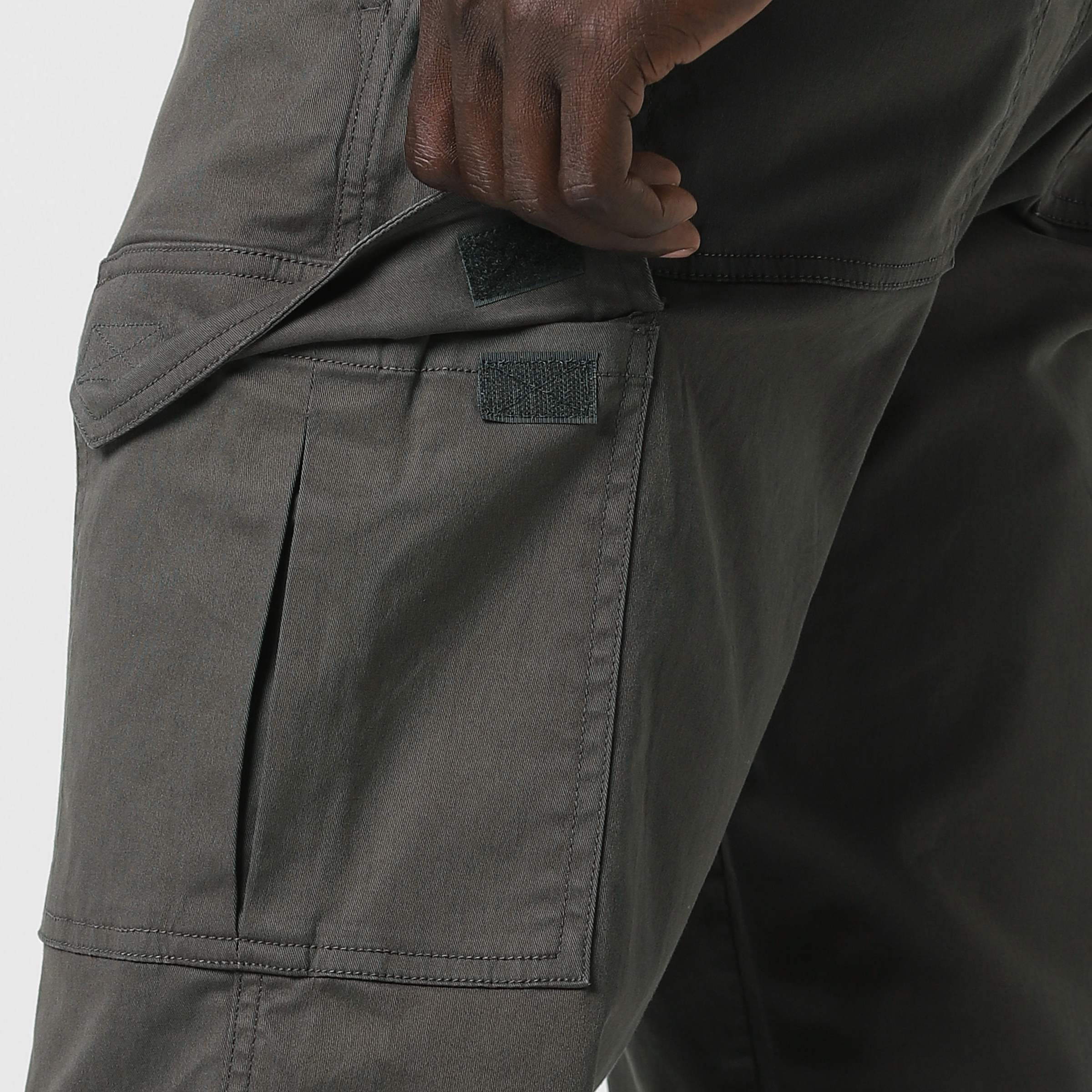 Stretch Cargo Pant Dark Grey close up left velcro pocket open