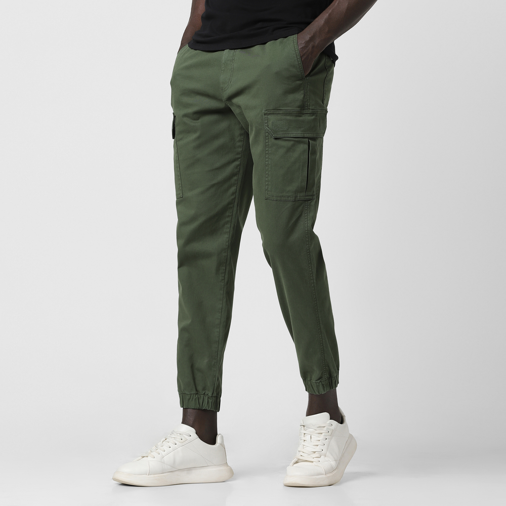 Stretch Cargo Jogger Military Green front on model
