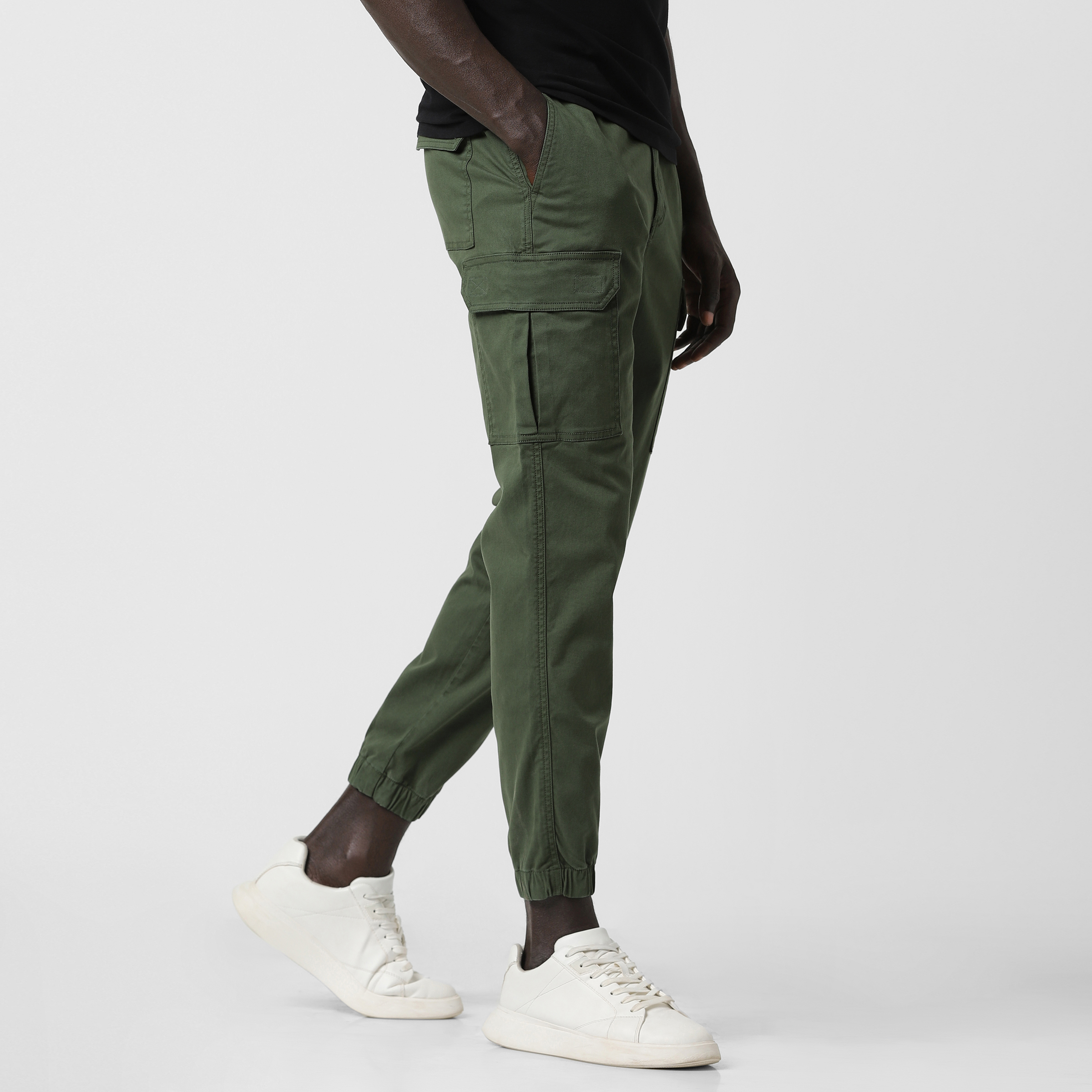 Stretch Cargo Jogger Military Green side on model
