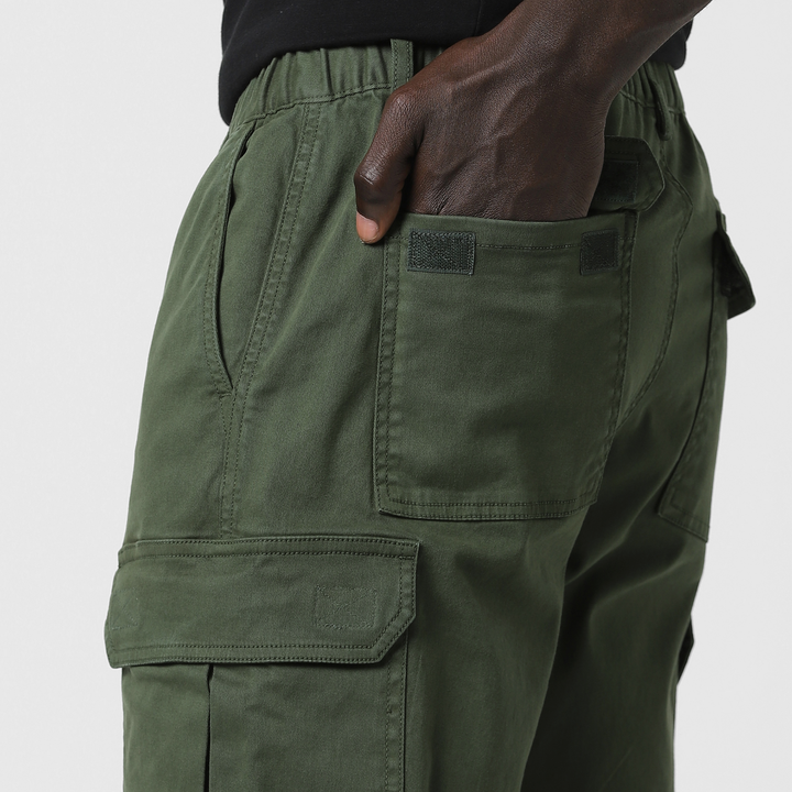 Stretch Cargo Pant Military Green close up back velcro pockets