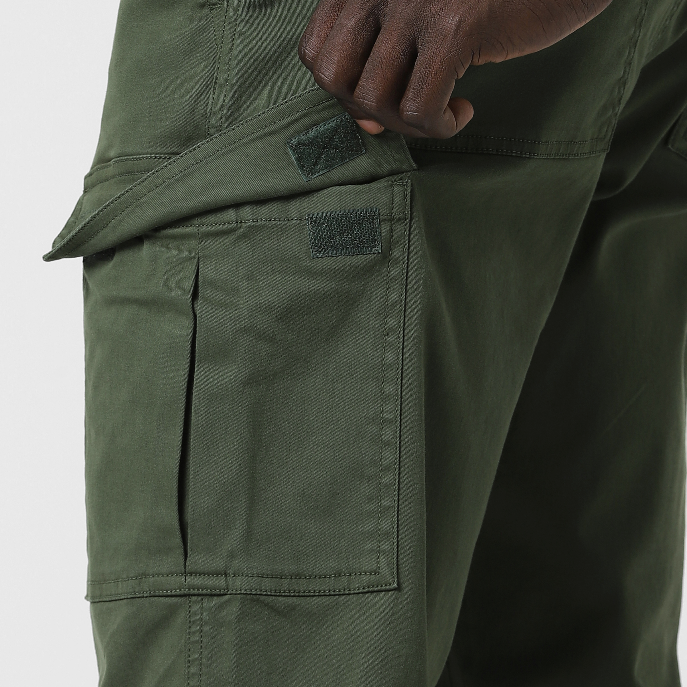 Stretch Cargo Pant Military Green close up left velcro pocket open