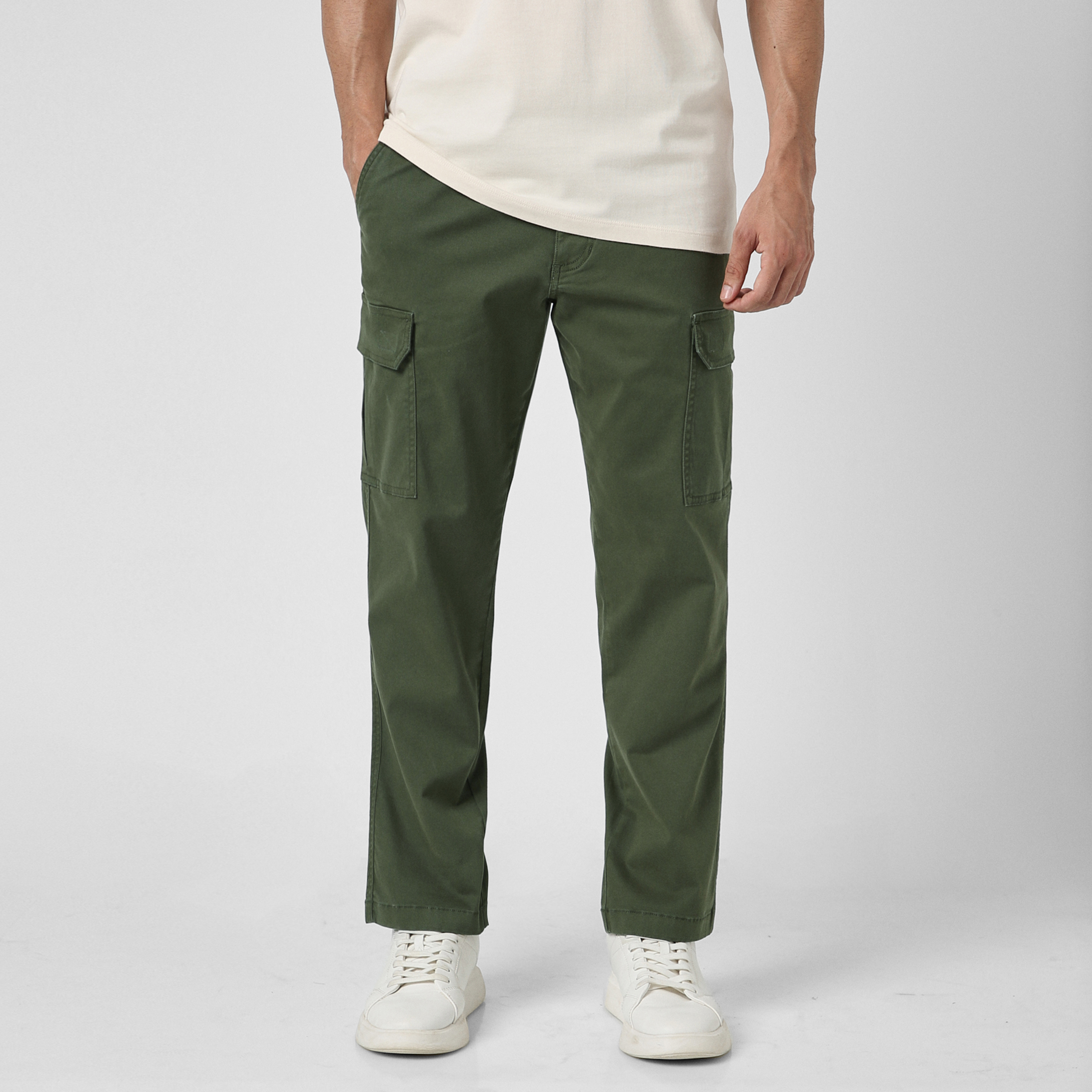 Stretch Cargo Pant Military Green front on model