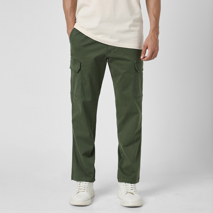 Stretch Cargo Pant Military Green front on model