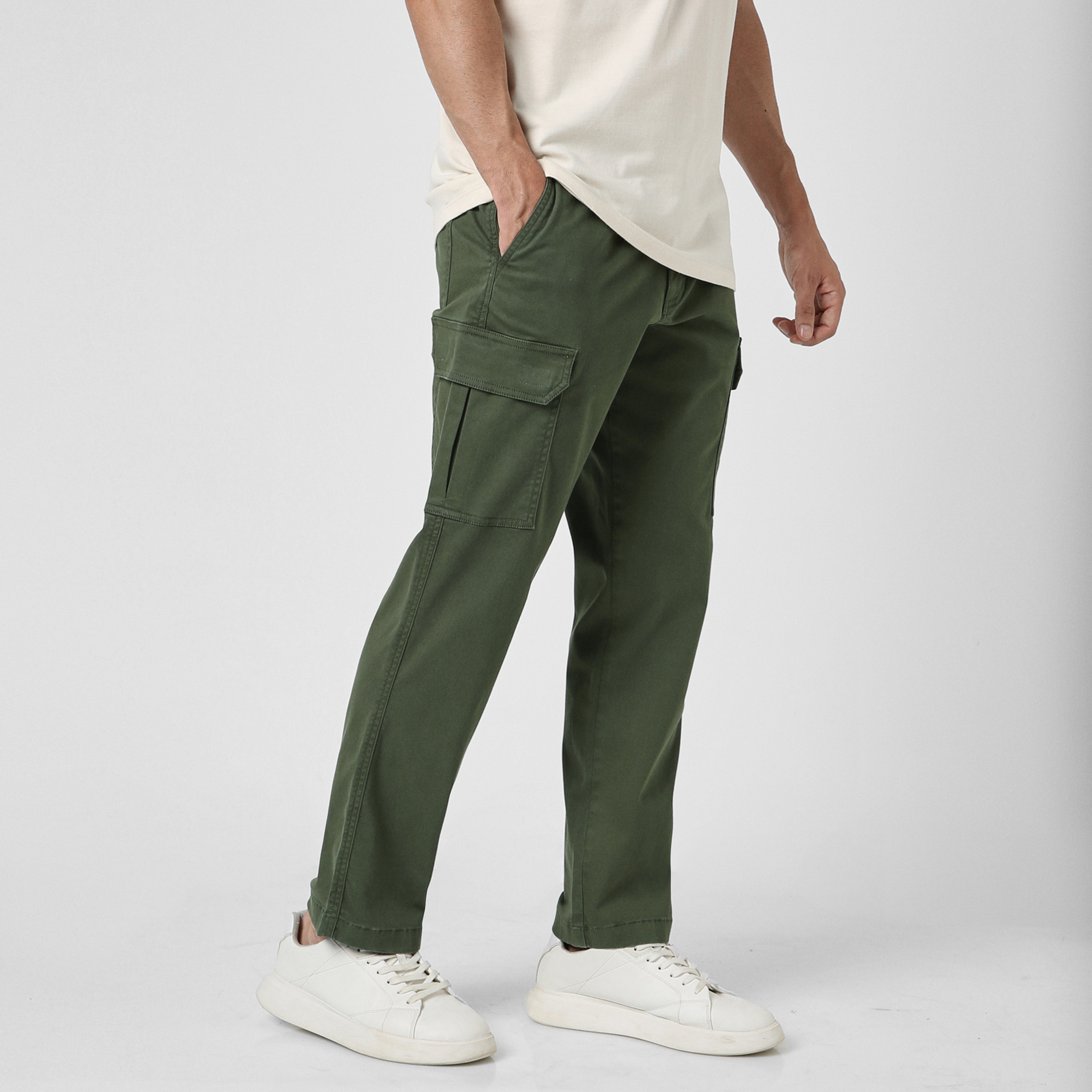 Stretch Cargo Pant Military Green side on model