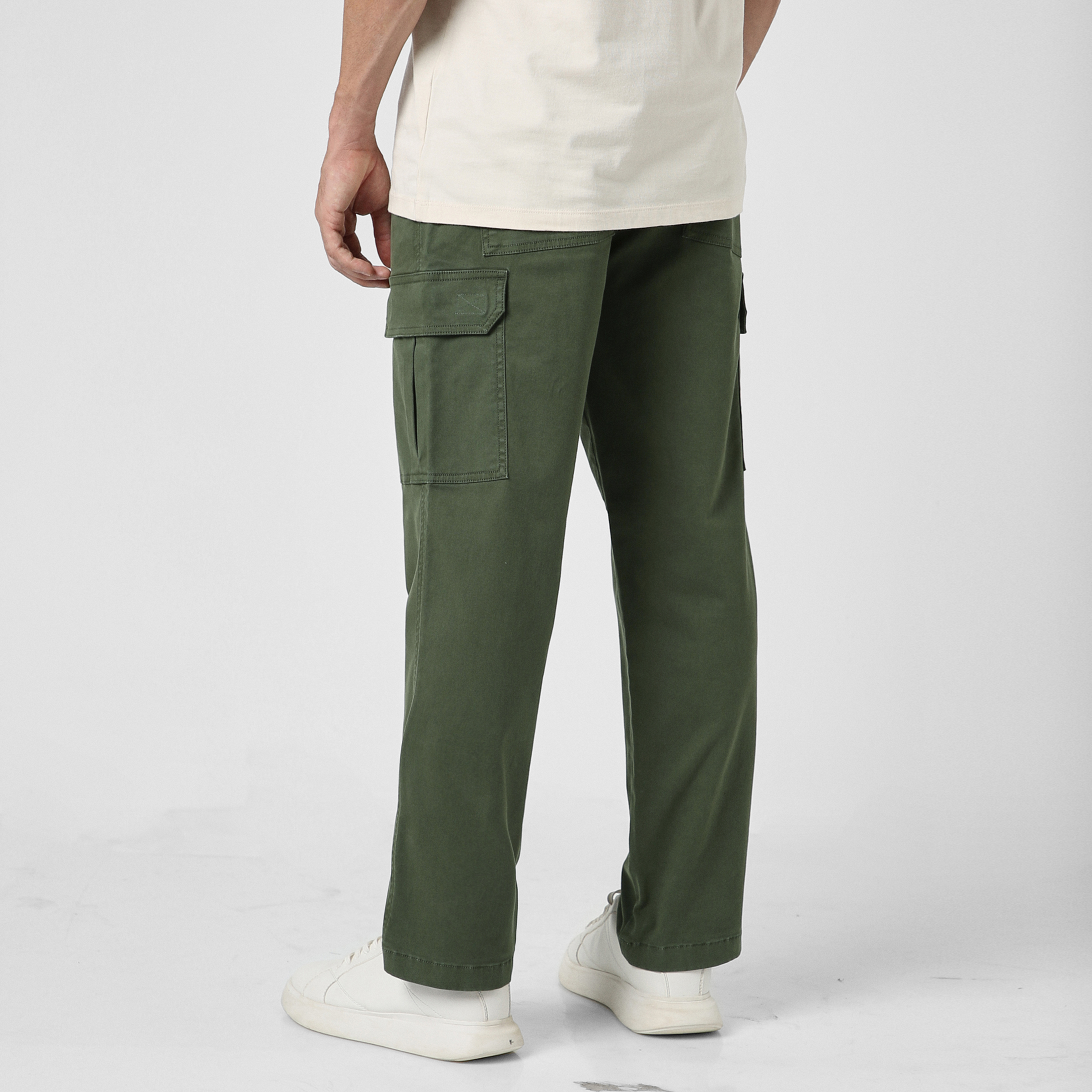 Stretch Cargo Pant Military Green back on model