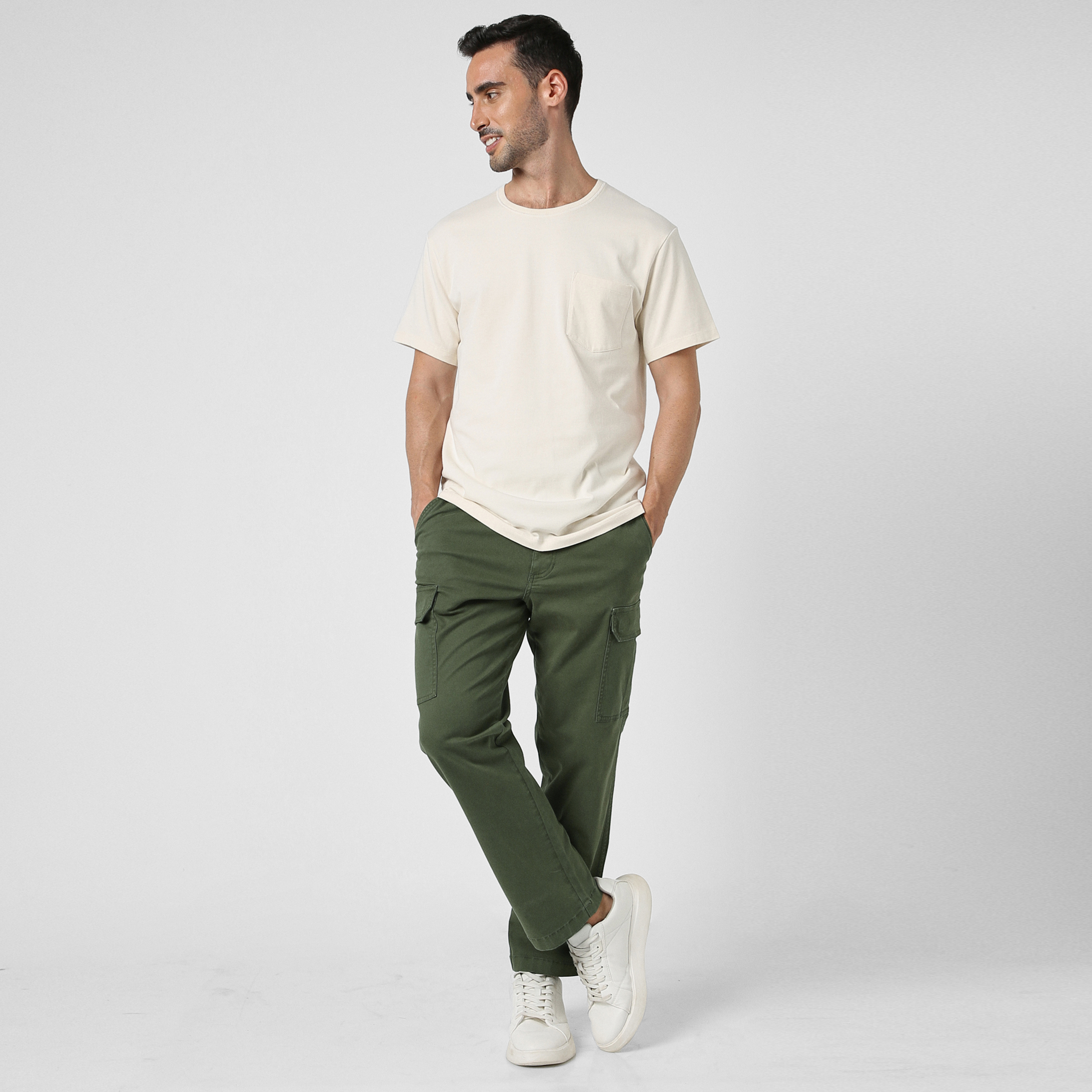 Stretch Cargo Pant Military Green full body on model