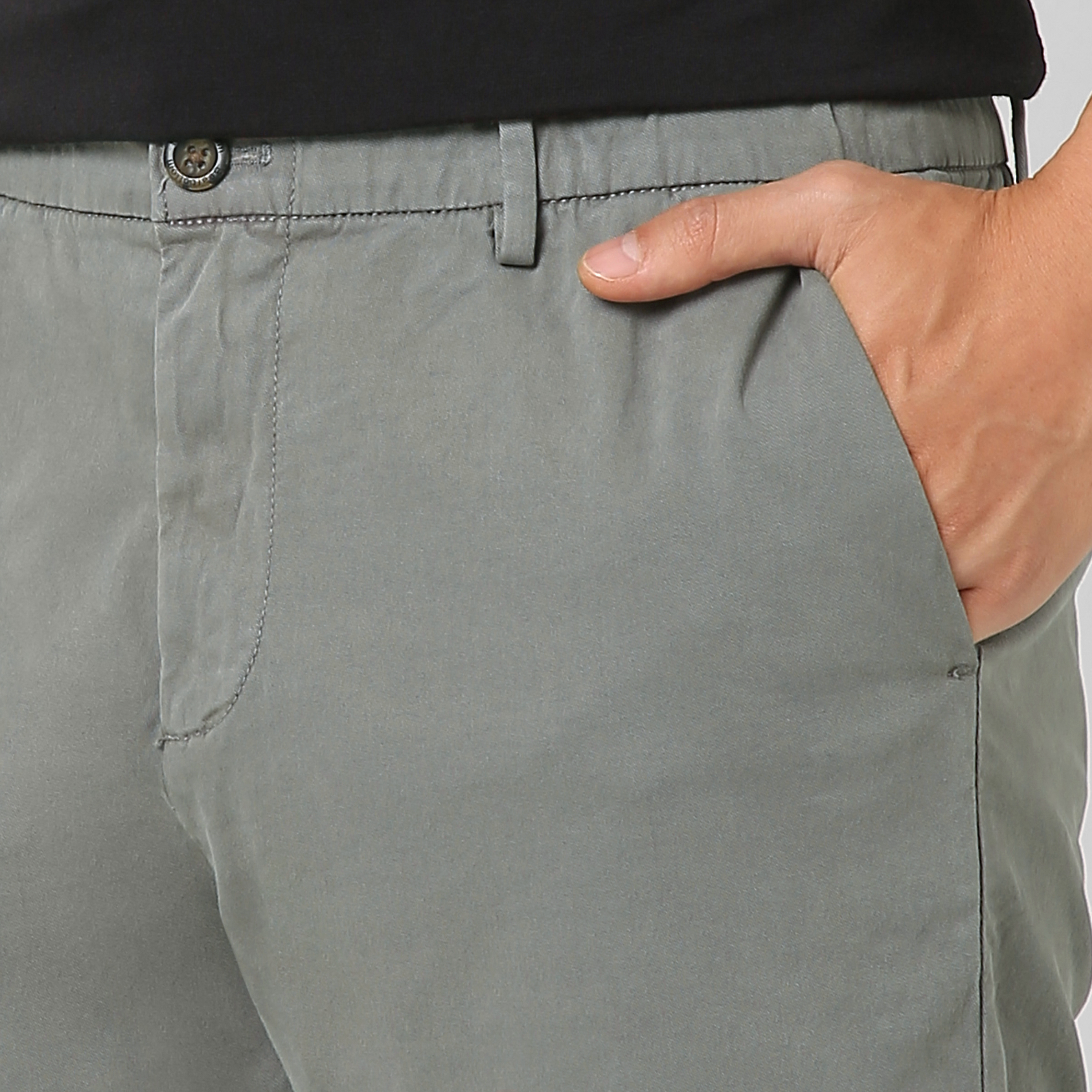 Stretch Chino Pant Grey close up front left pocket