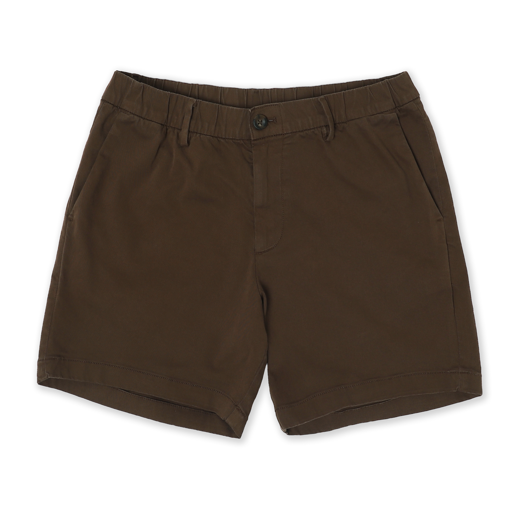 Stretch Chino Short 5.5" in Cocoa front with elastic waistband, belt loops, buttoned fly, and two slant pockets