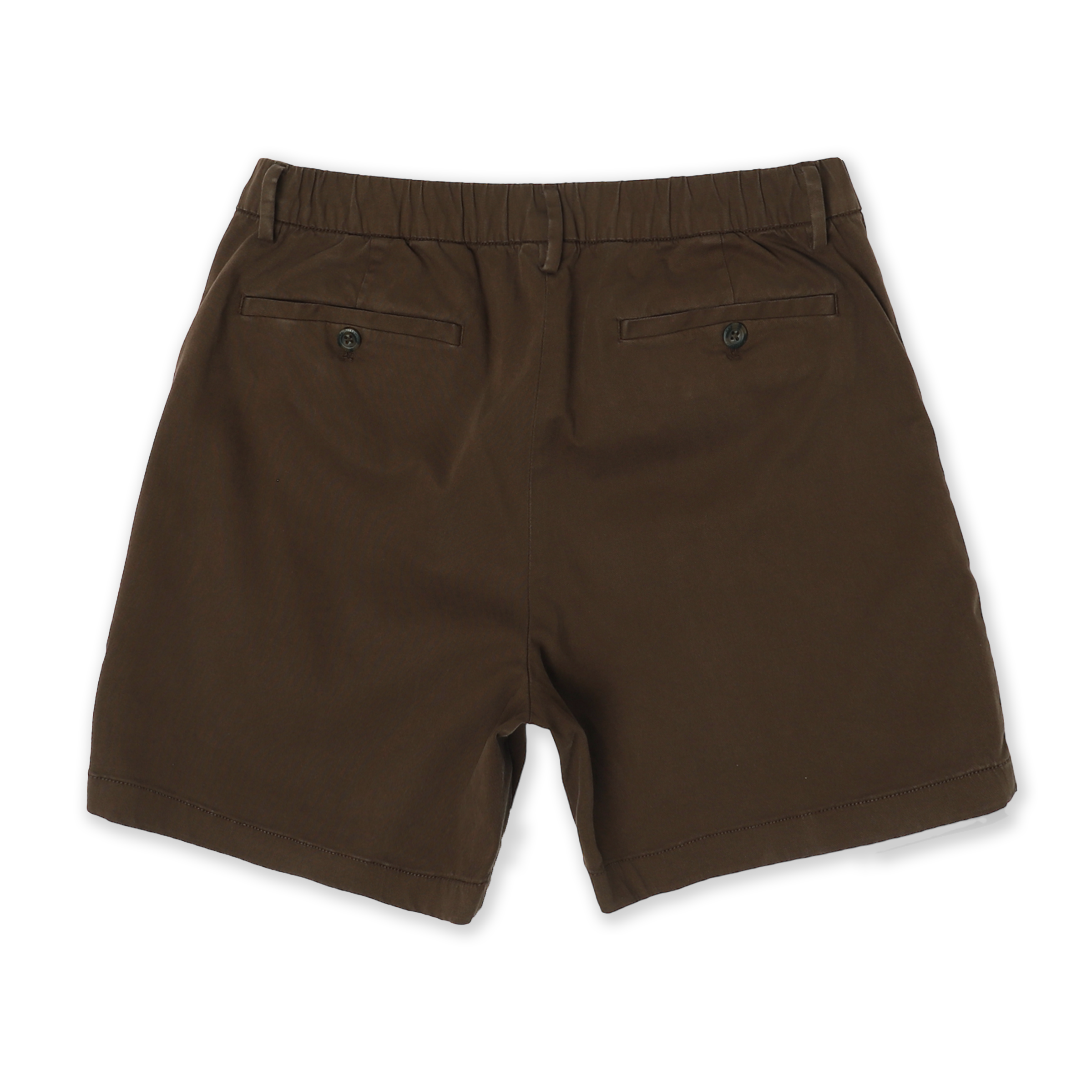 Stretch Chino Short 5.5" in Cocoa back with elastic waistband, belt loops, and two buttoned welt pockets