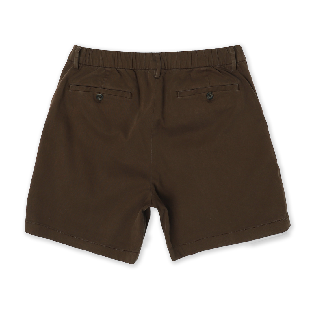 Stretch Chino Short 5.5" in Cocoa back with elastic waistband, belt loops, and two buttoned welt pockets