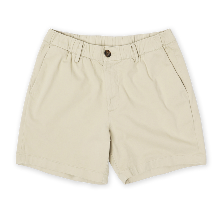 Stretch Chino Short 7" in Stone front with elastic waistband, belt loops, buttoned fly, and two slant pockets