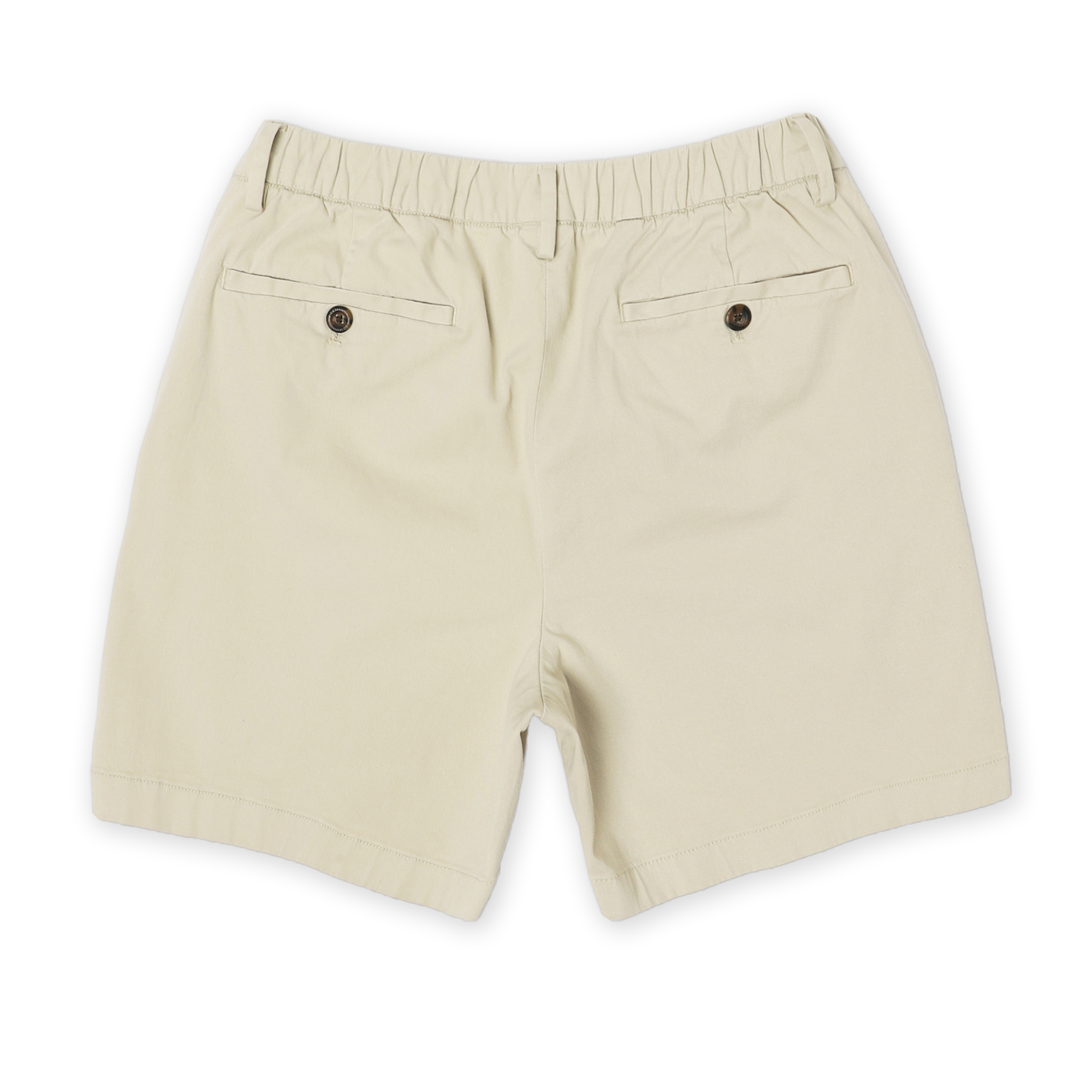 Stretch Chino Short 7" in Stone back with elastic waistband, belt loops, and two buttoned welt pockets