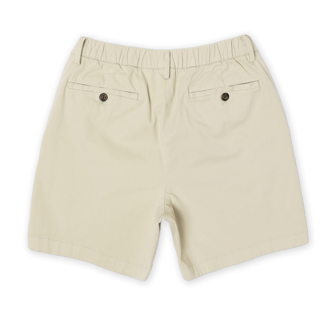 Stretch Chino Short 7" in Stone back with elastic waistband, belt loops, and two buttoned welt pockets
