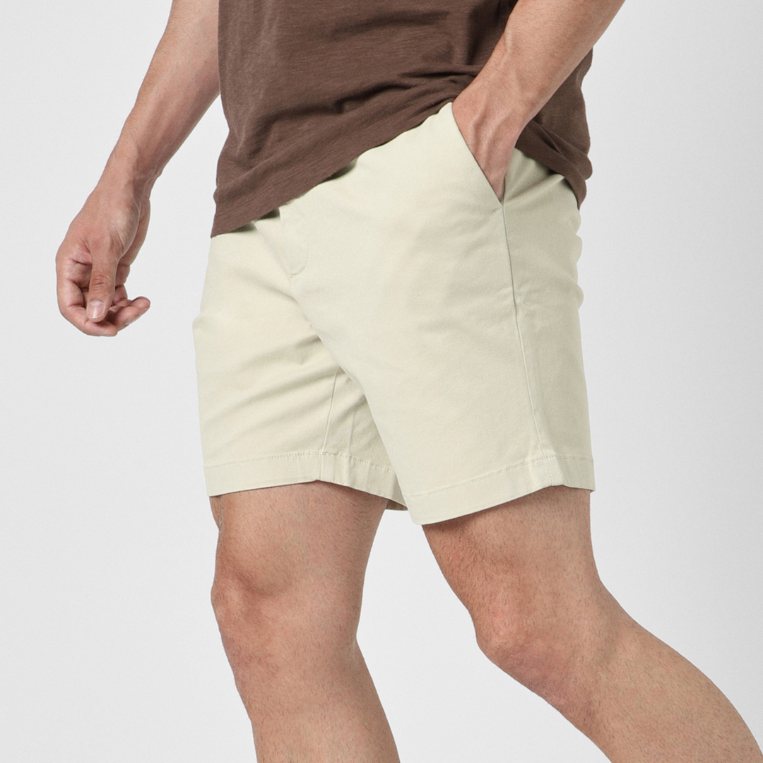 Stretch Chino Short 7" in Stone left side on model