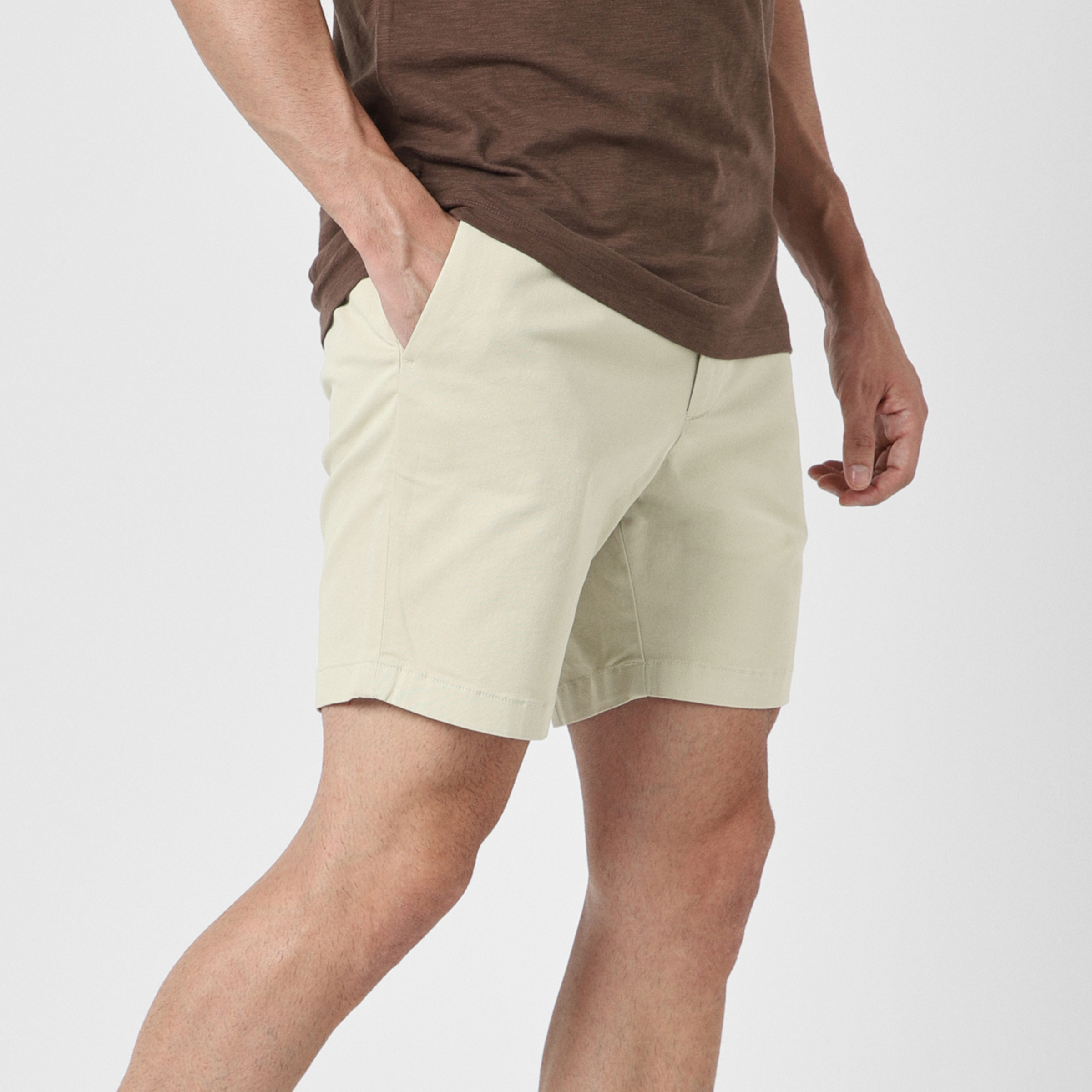 Stretch Chino Short 7" in Stone right side on model