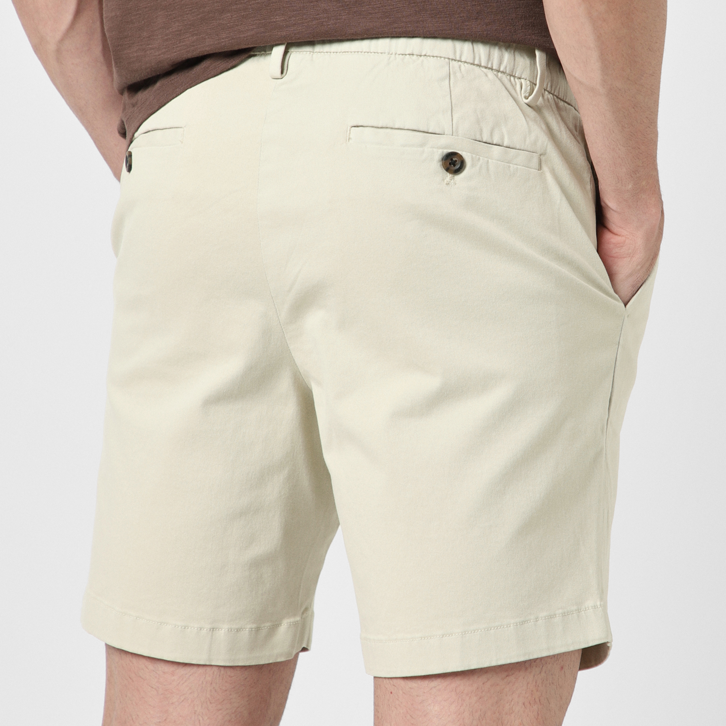 Stretch Chino Short 7" in Stone close up back on model