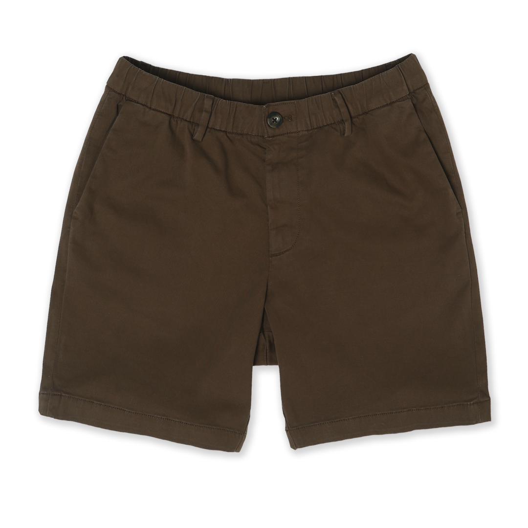 Stretch Chino Short 7" in Cocoa front with elastic waistband, belt loops, buttoned fly, and two slant pockets