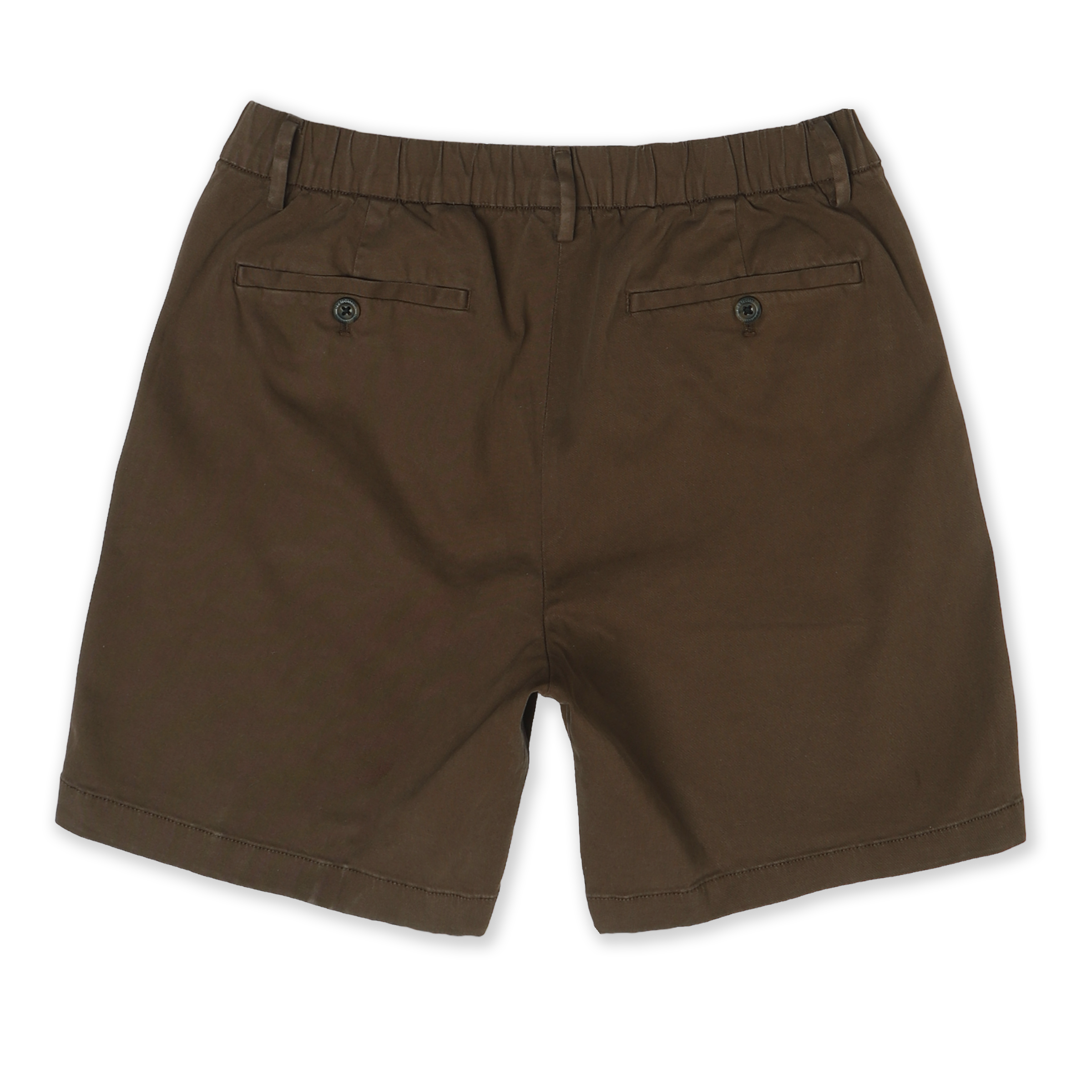 Stretch Chino Short 7" in Cocoa back with elastic waistband, belt loops, and two buttoned welt pockets