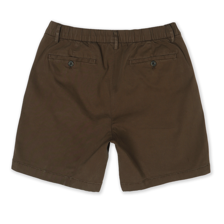Stretch Chino Short 7" in Cocoa back with elastic waistband, belt loops, and two buttoned welt pockets