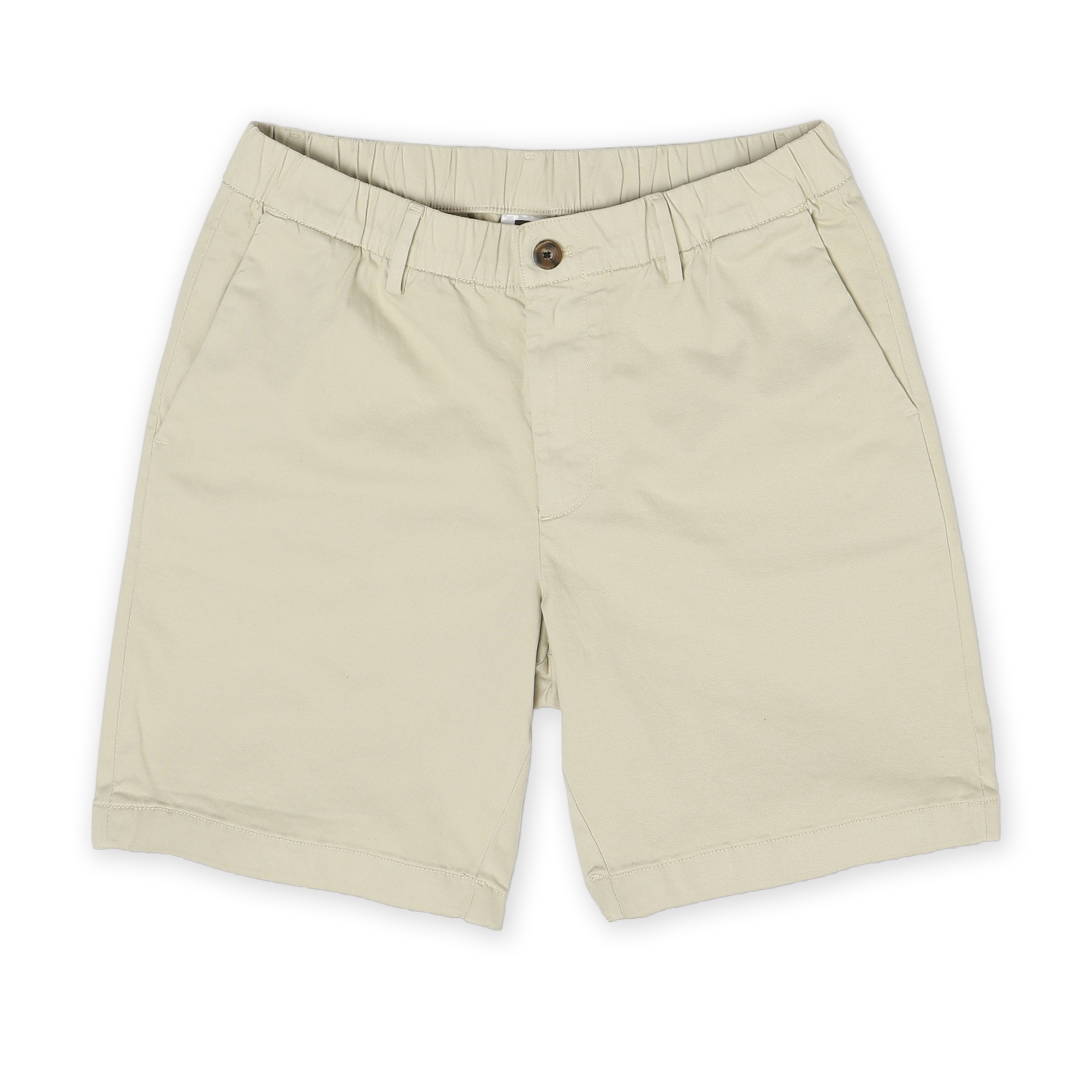 Stretch Chino Short 5.5" in Stone front with elastic waistband, belt loops, buttoned fly, and two slant pockets