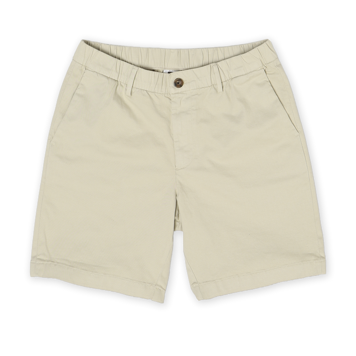 Stretch Chino Short 5.5" in Stone front with elastic waistband, belt loops, buttoned fly, and two slant pockets