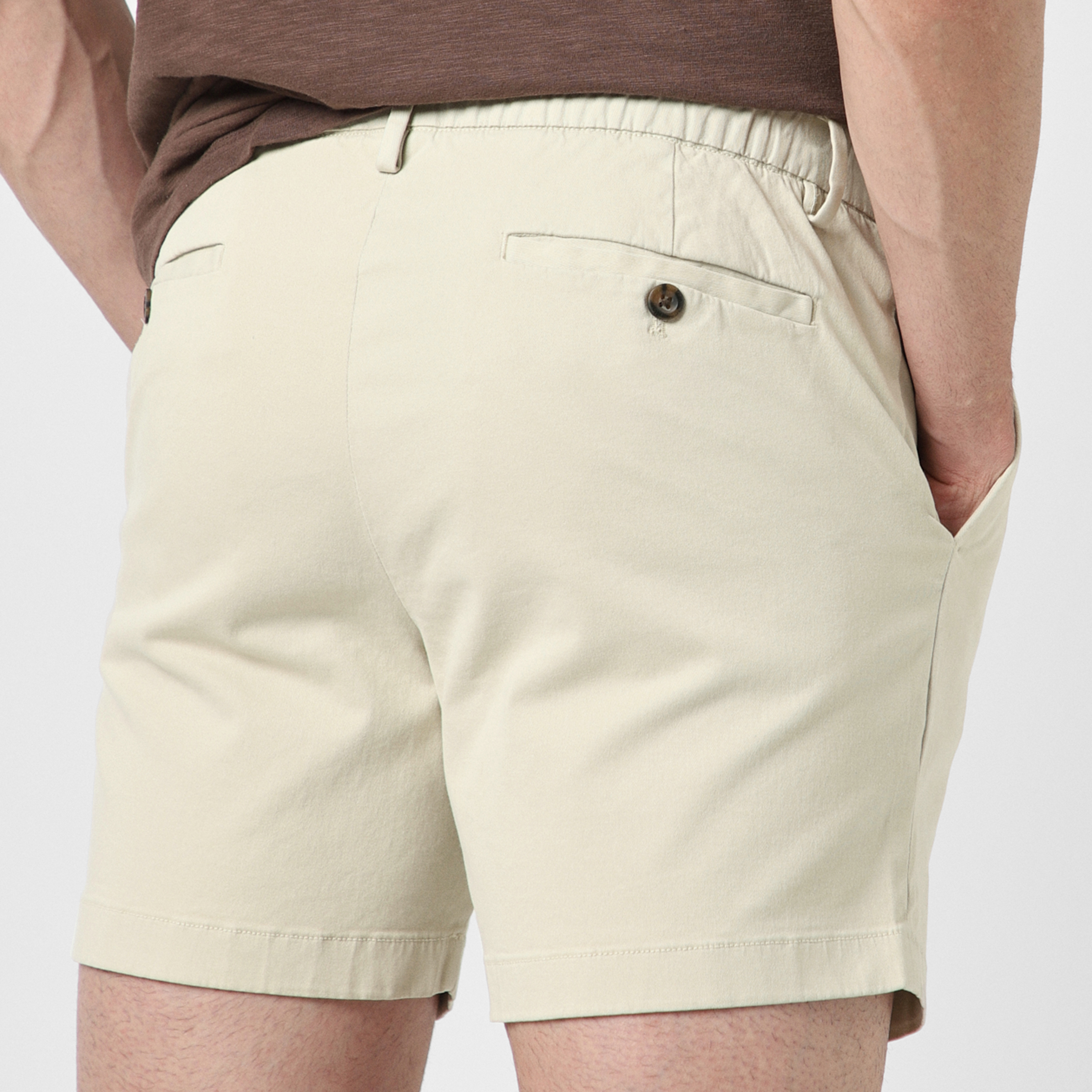 Stretch Chino Short 5.5" Stone close up back on model