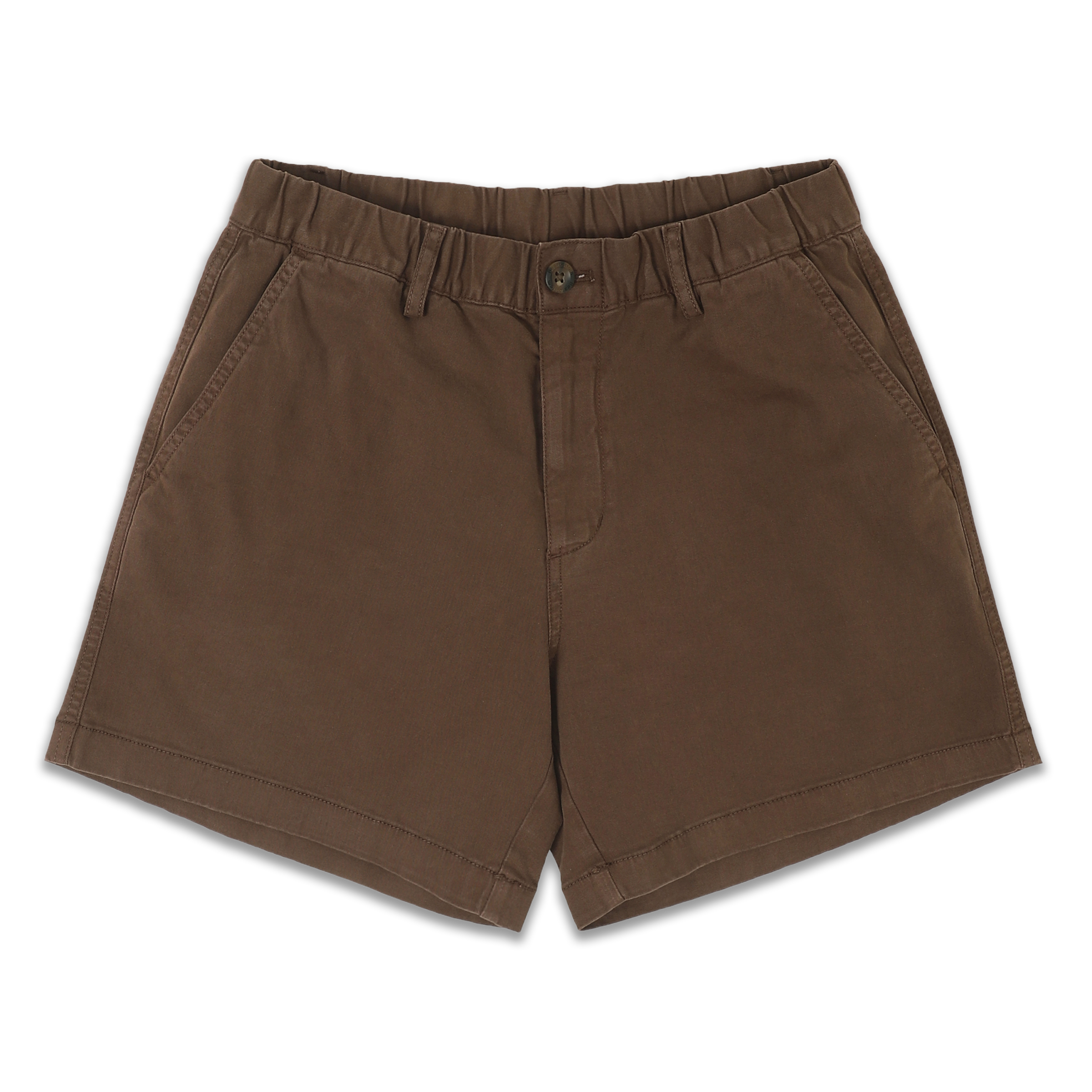 Stretch Short 5.5" Cocoa front with elastic waistband, belt loops, zipper fly, faux horn button, and two inseam pockets