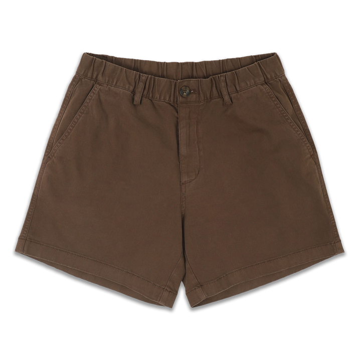 Stretch Short 5.5" Cocoa front with elastic waistband, belt loops, zipper fly, faux horn button, and two inseam pockets