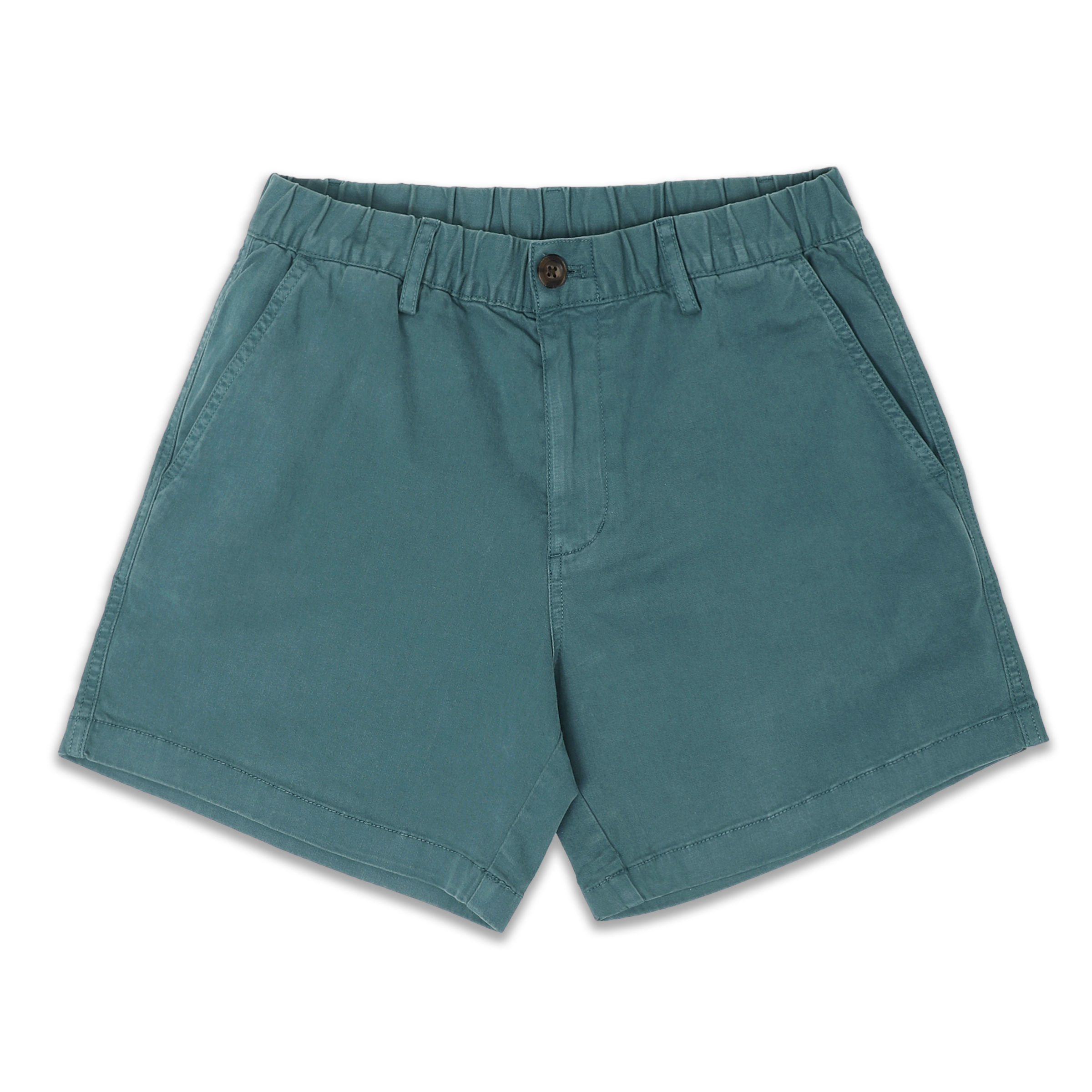 Stretch Short 5.5" Dark Teal front with elastic waistband, belt loops, zipper fly, faux horn button, and two inseam pockets