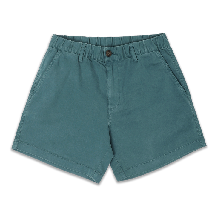 Stretch Short 5.5" Dark Teal front with elastic waistband, belt loops, zipper fly, faux horn button, and two inseam pockets