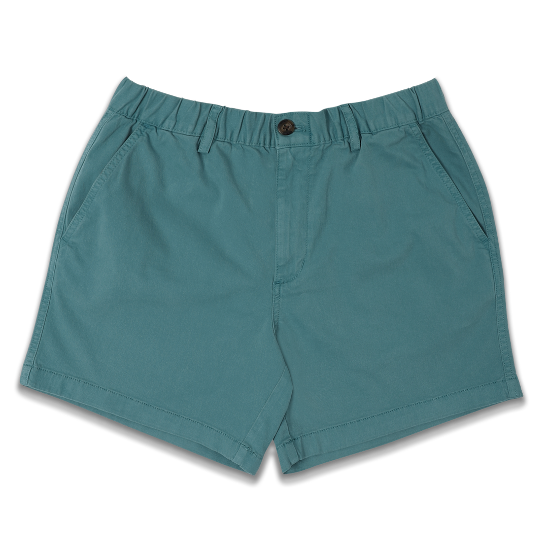 Stretch Short 7" Dark Teal front with elastic waistband, belt loops, zipper fly, faux horn button, and two inseam pockets