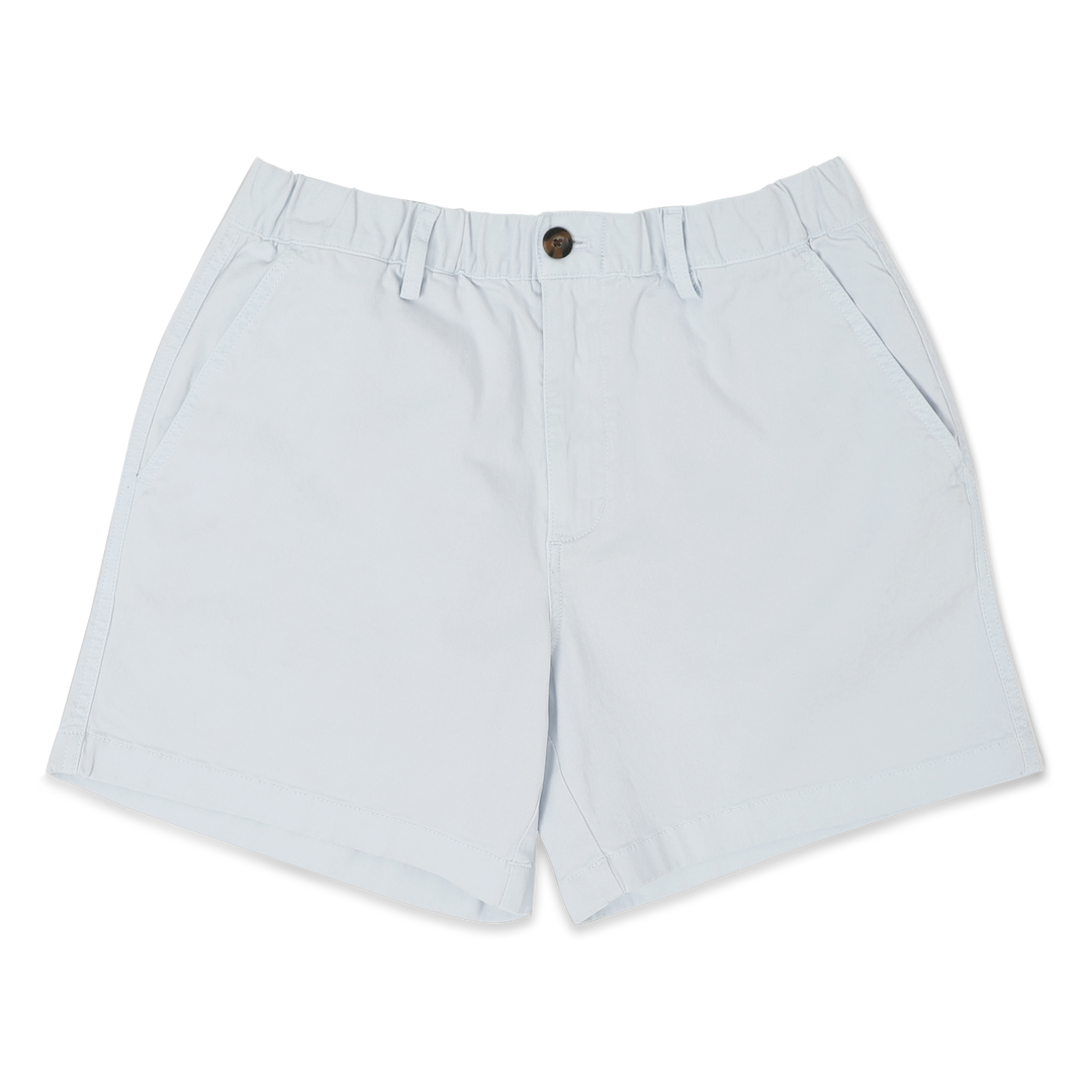 Stretch Short 5.5" Light Blue front with elastic waistband, belt loops, zipper fly, faux horn button, and two inseam pockets