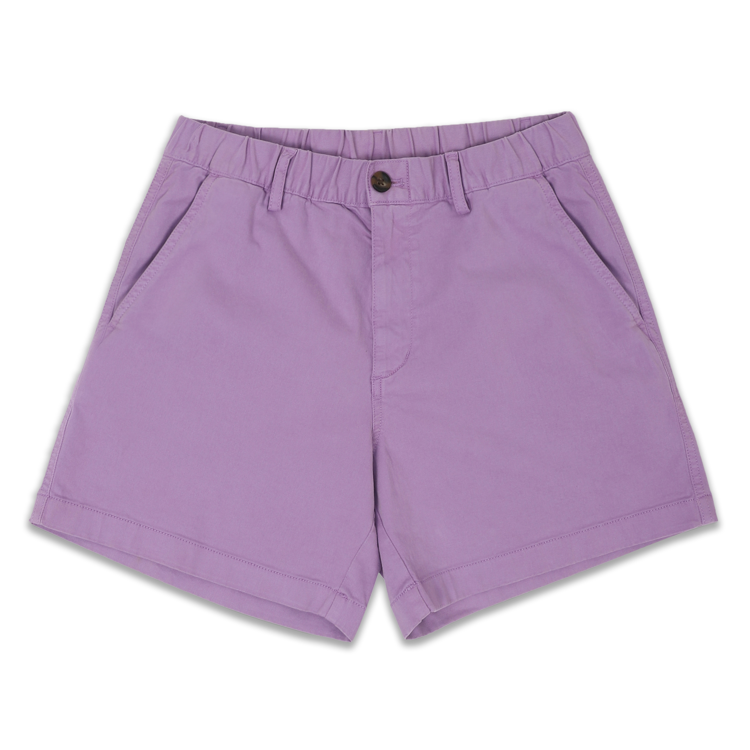 Stretch Short 5.5" Lilac front with elastic waistband, belt loops, zipper fly, faux horn button, and two inseam pockets
