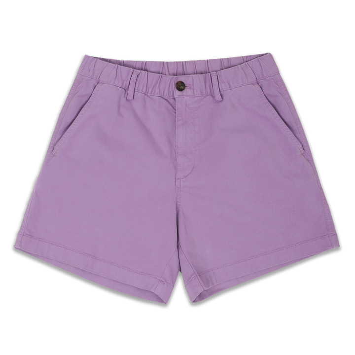 Stretch Short 5.5" Lilac front with elastic waistband, belt loops, zipper fly, faux horn button, and two inseam pockets