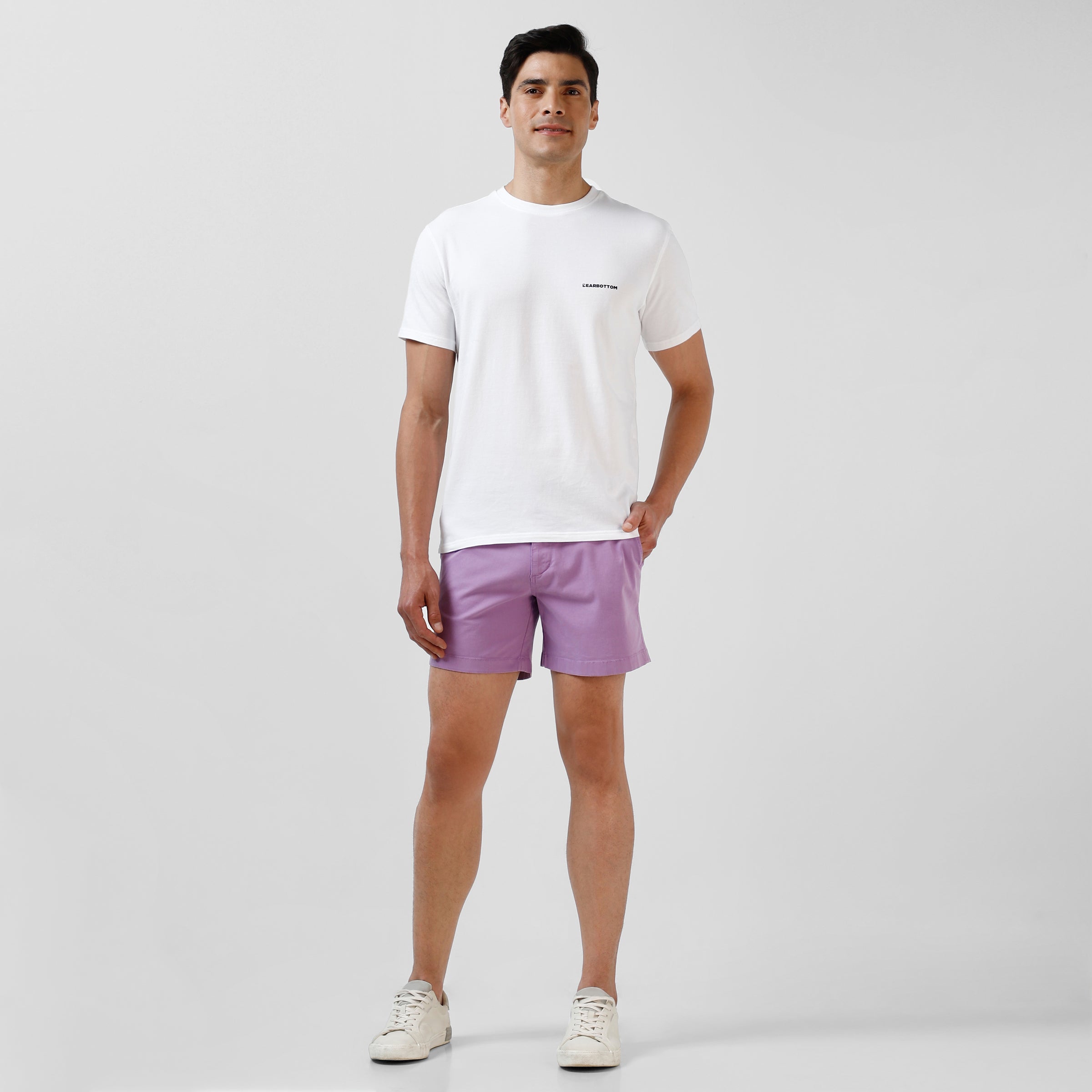 Stretch Short 5.5" Lilac front on model worn with Natural Dye Logo Tee White