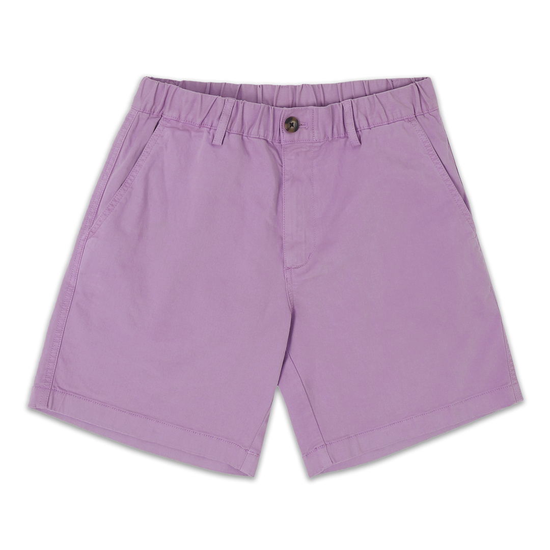 Stretch Short 7" Lilac front with elastic waistband, belt loops, zipper fly, faux horn button, and two inseam pockets
