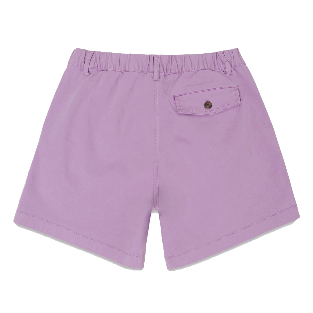 Stretch Short 7" Lilac back with elastic waistband, belt loops, and right buttoned back pocket