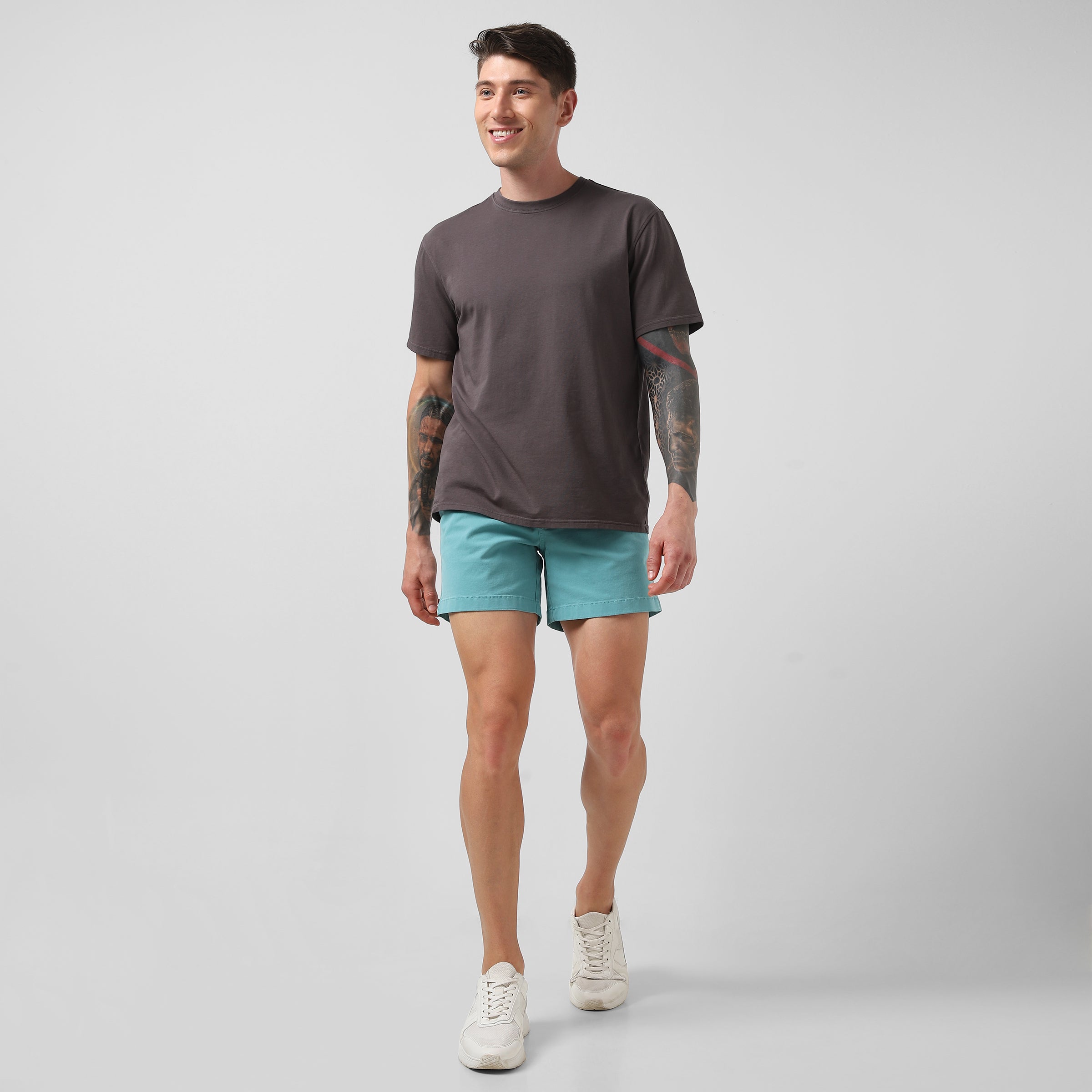 Stretch Short 5.5" Marine on model worn with Supima Tee in Cocoa